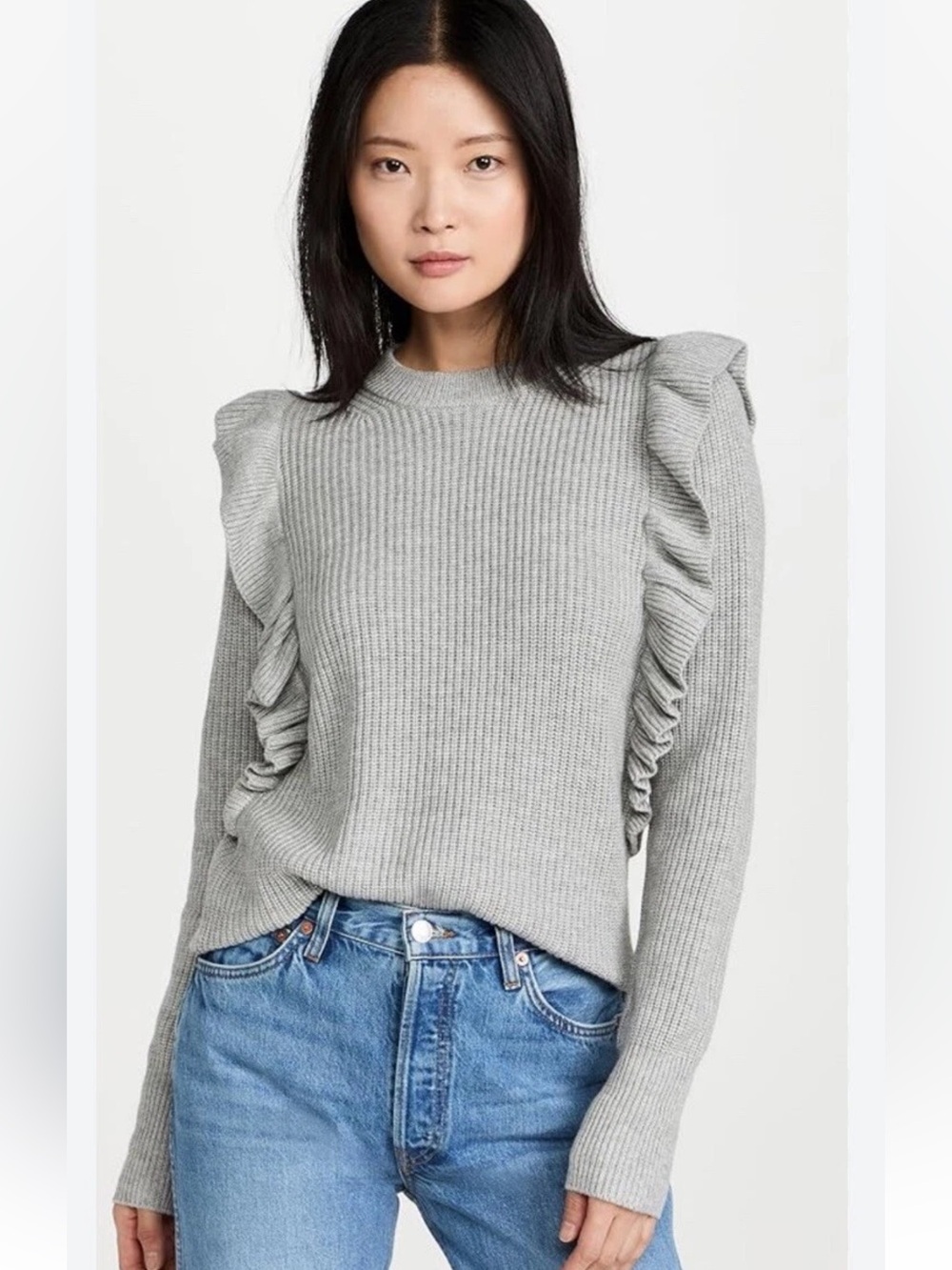 7 For All Mankind Rib Knit Ruffle Wool Cashmere Sweater in Gray Size S